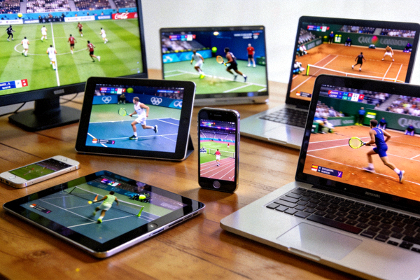 多台电子设备同时播放不同体育赛事直播画面的场景